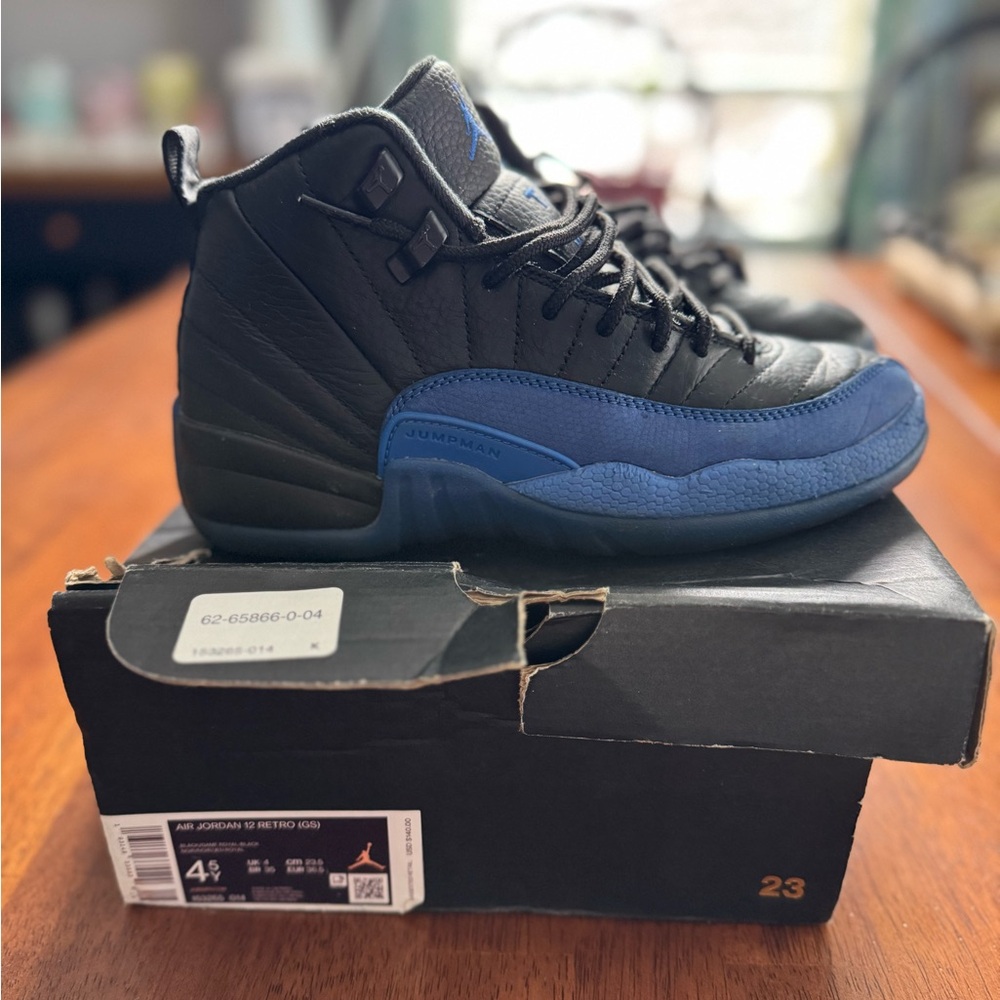 Air Jordan 12 Retro GS 4.5Y Black And Royal Blue Youth Basketball Sneakers